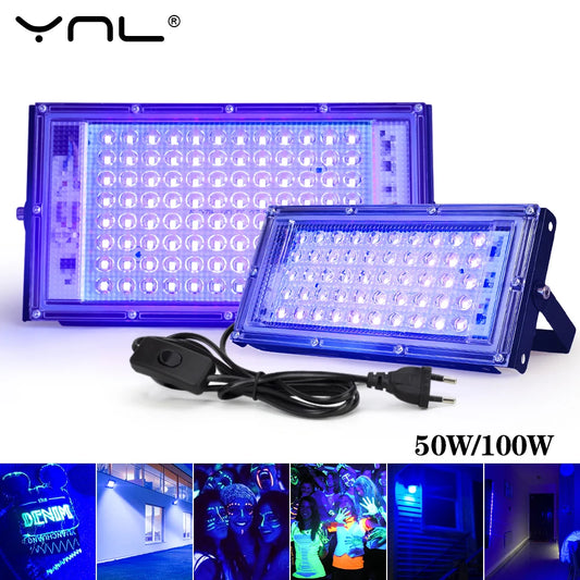 UV Flood Light AC 220V Outdoor Floodlight 50W 100W /// 395nm 400nm Ultraviolet Fluorescent Stage Lamp With EU Plug Party Blacklight